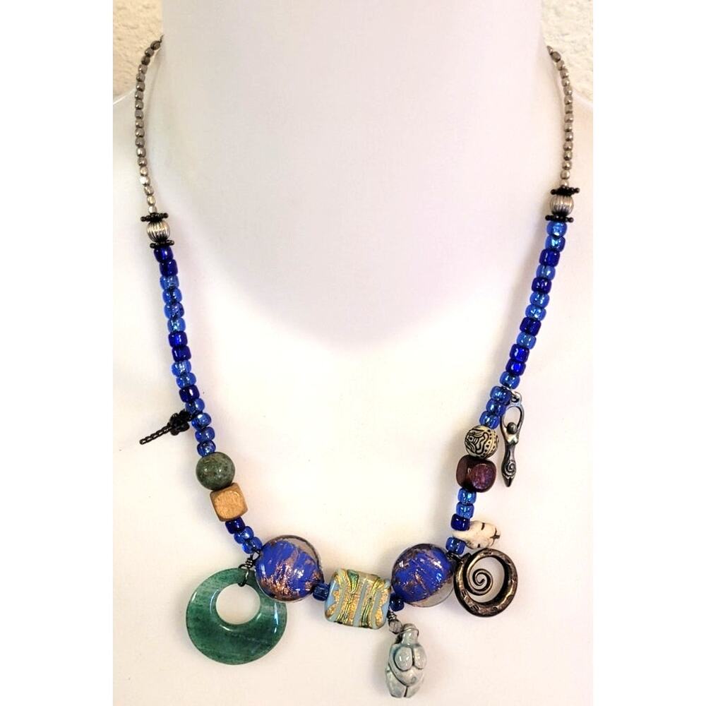 Vintage Artisan Beaded Statement Necklace Goddess Ceramic Body Butterfly Charms